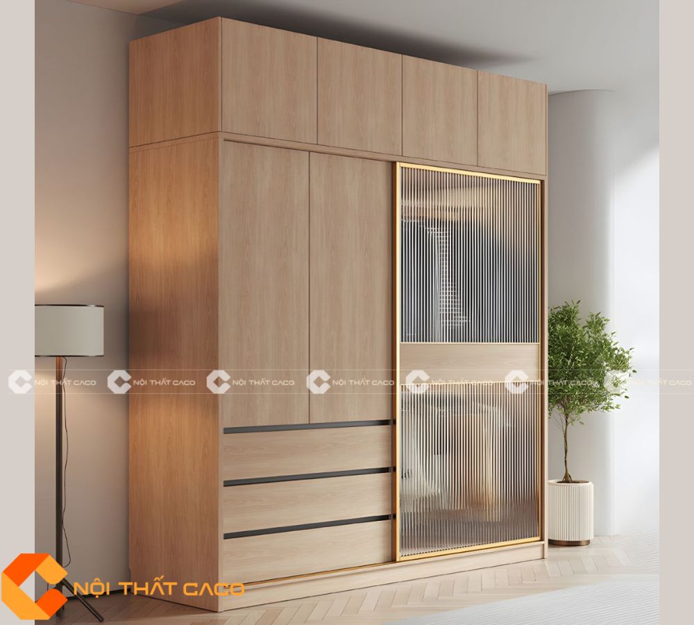 Tủ Quần Áo Gỗ MDF Cửa Lùa Màu Vàng Vân Gỗ Phối Kính Hiện Đại - TAL060