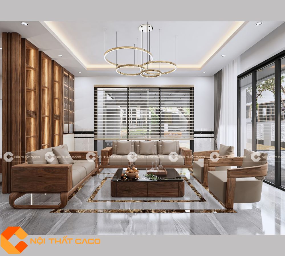 Bộ Sofa Gỗ Óc Chó Tự Nhiên Phối Màu Be Cao Cấp - SFG060 