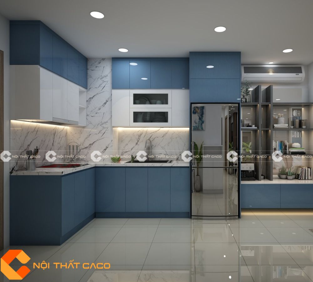 Tủ Bếp Gỗ Công Nghiệp MDF Màu Xanh Phối Trắng - TBM051 