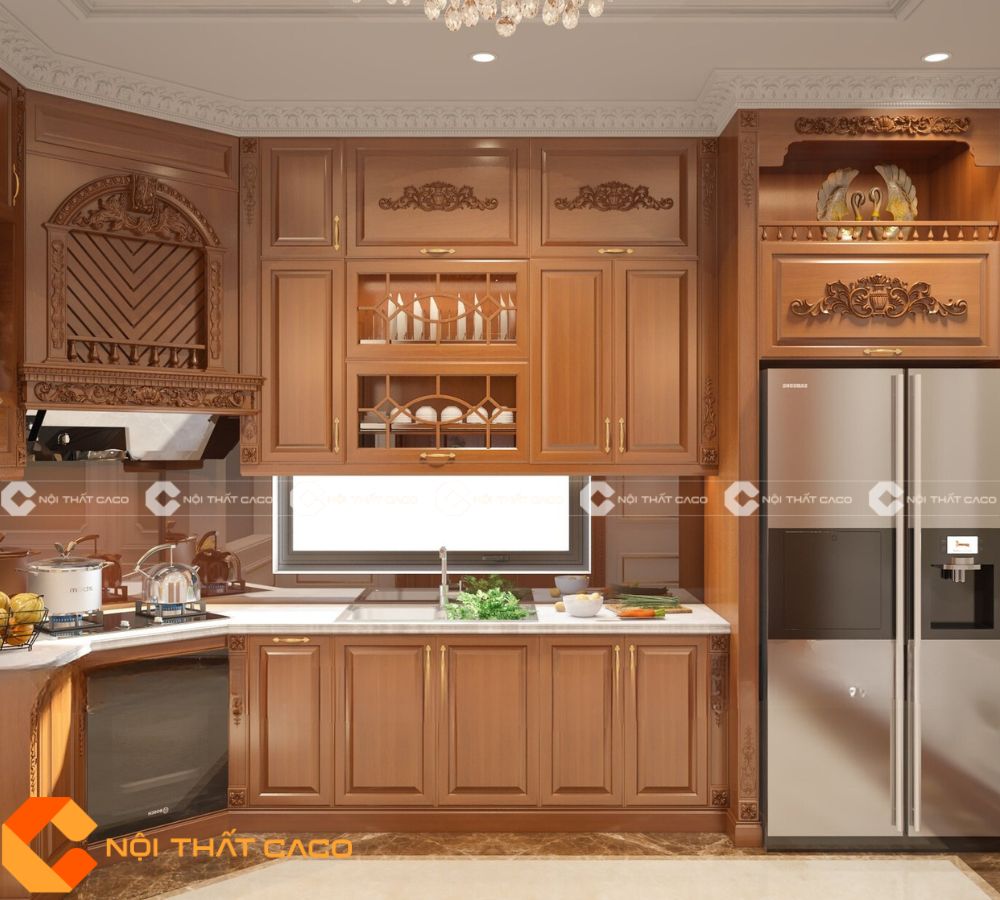 Tủ Bếp Gỗ Xoan Đào Chống Cong Vênh Kháng Ẩm Tốt - TBTN037  