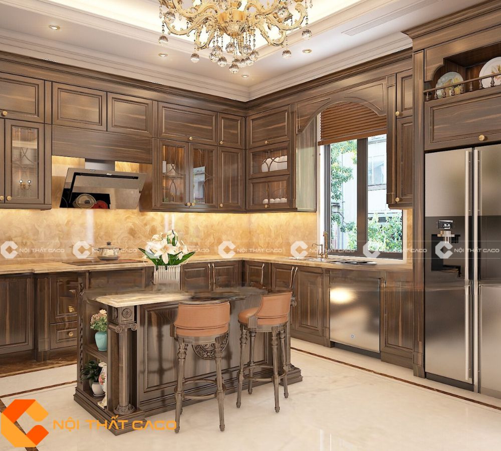 Tủ Bếp Gỗ Sồi Kiểu Chữ L Phủ Sơn Màu Gỗ Óc Chó - TBTN038 