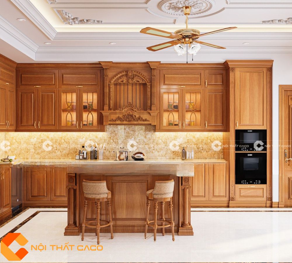 Tủ Bếp Gỗ Xoan Đào Tự Nhiên Chống Ẩm  Trầy Xướt - TBTN053 