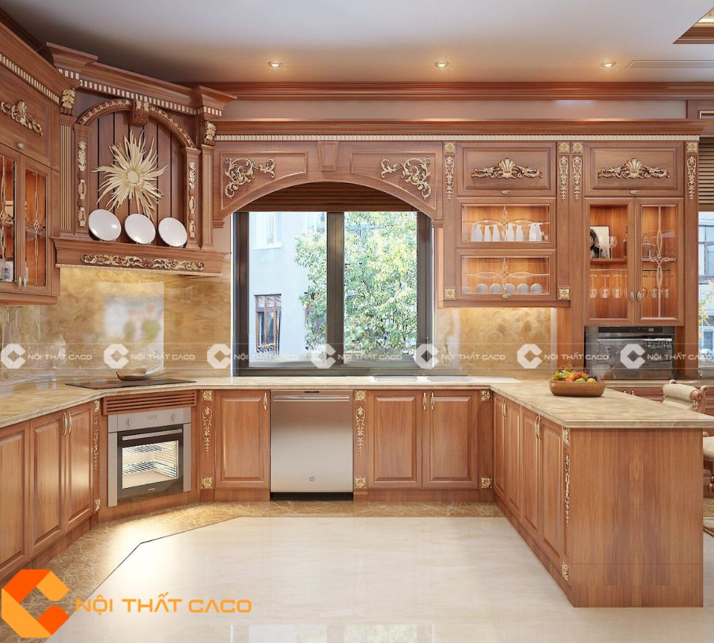 Tủ Bếp Gỗ Gõ Đỏ Vân Gỗ Tự Nhiên Nổi Bật Hiện Đại - TBTN055 