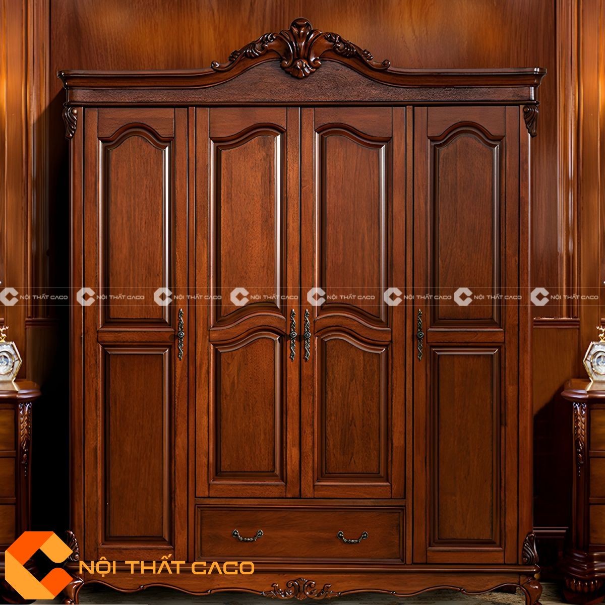  Tủ Quần Áo Gỗ Gõ Đỏ Tự Nhiên Thiết Kế Cổ Điển - TATN067 