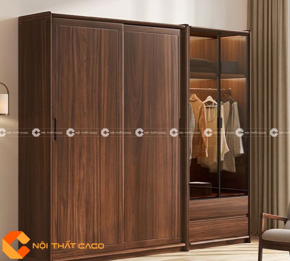  Tủ Quần Áo Gỗ Óc Chó Tự Nhiên Phối Kính Hiện Đại - TATN068 