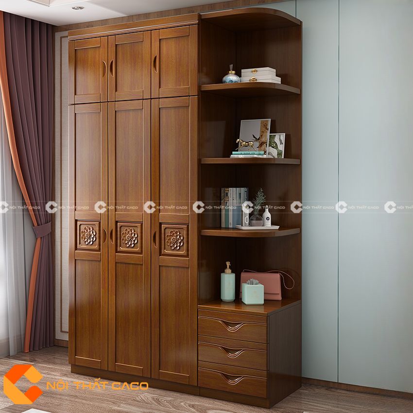 Tủ Quần Áo Gỗ Xoan Đào Tự Nhiên Khắc Hoa Văn Nổi - TATN036 