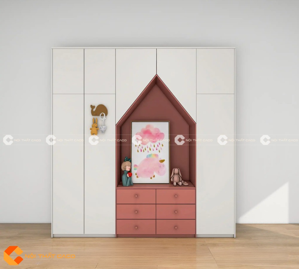 Tủ Quần Áo Trẻ Em Tone Trắng Phối Hồng Trang Nhã - TATE054 