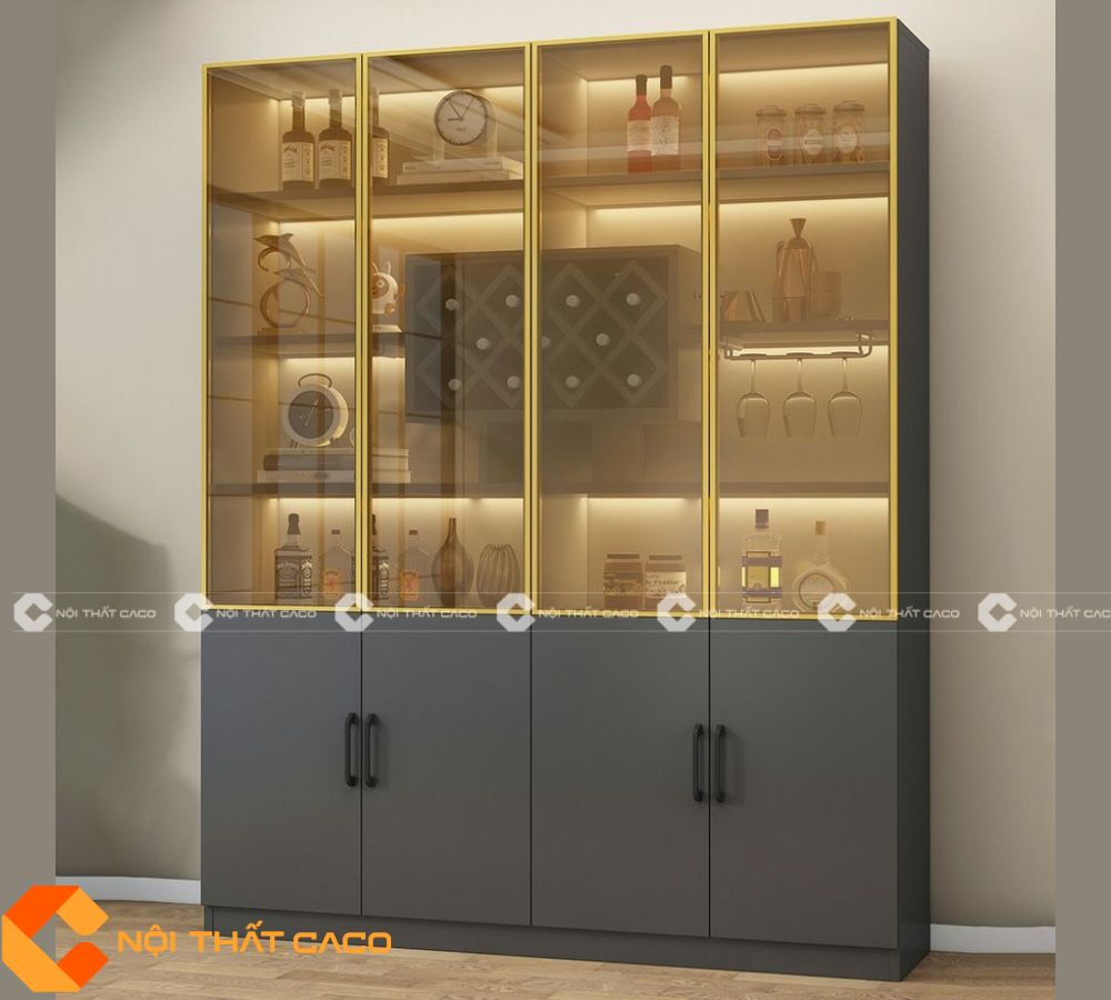 Tủ Rượu Gỗ MDF Cửa Kính Cùng Đèn Led Thiết Kế Mới- TR049 