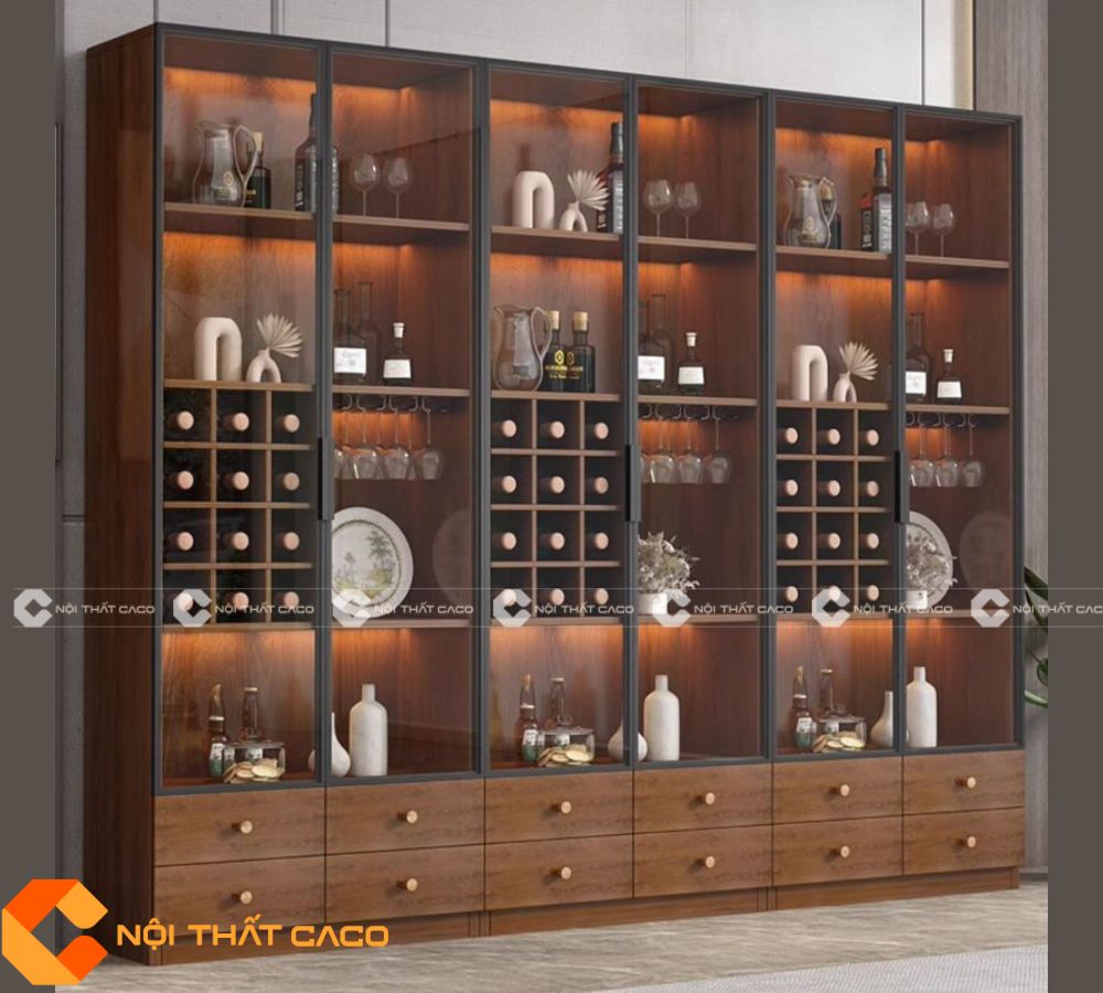 Tủ Rượu Gỗ MDF Cửa Kính Đẳng Cấp Đèn Led Sang Trọng - TR056 