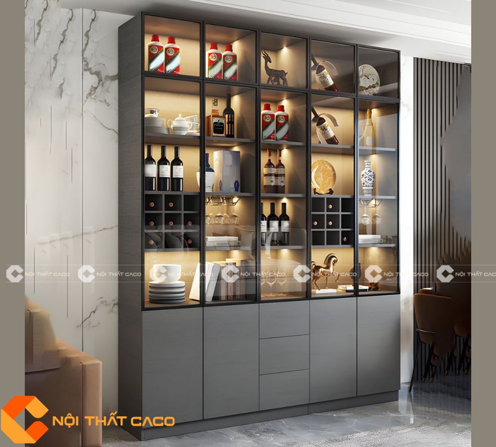 Tủ Rượu Gỗ MDF Phối Cửa Kính Cùng Đèn Led Hiện Đại - TR065 