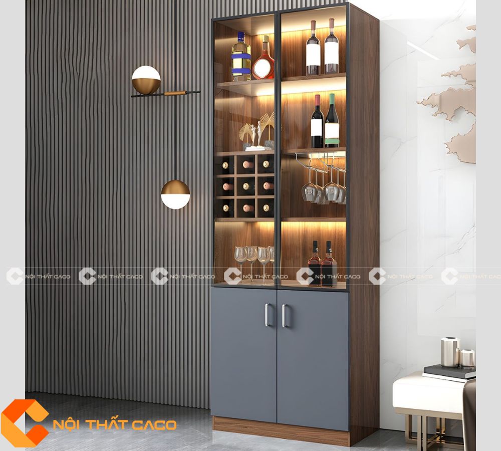 Tủ Rượu Gỗ MDF Cửa Kính Trong Suốt Đèn Led Hiện Đại - TR068 