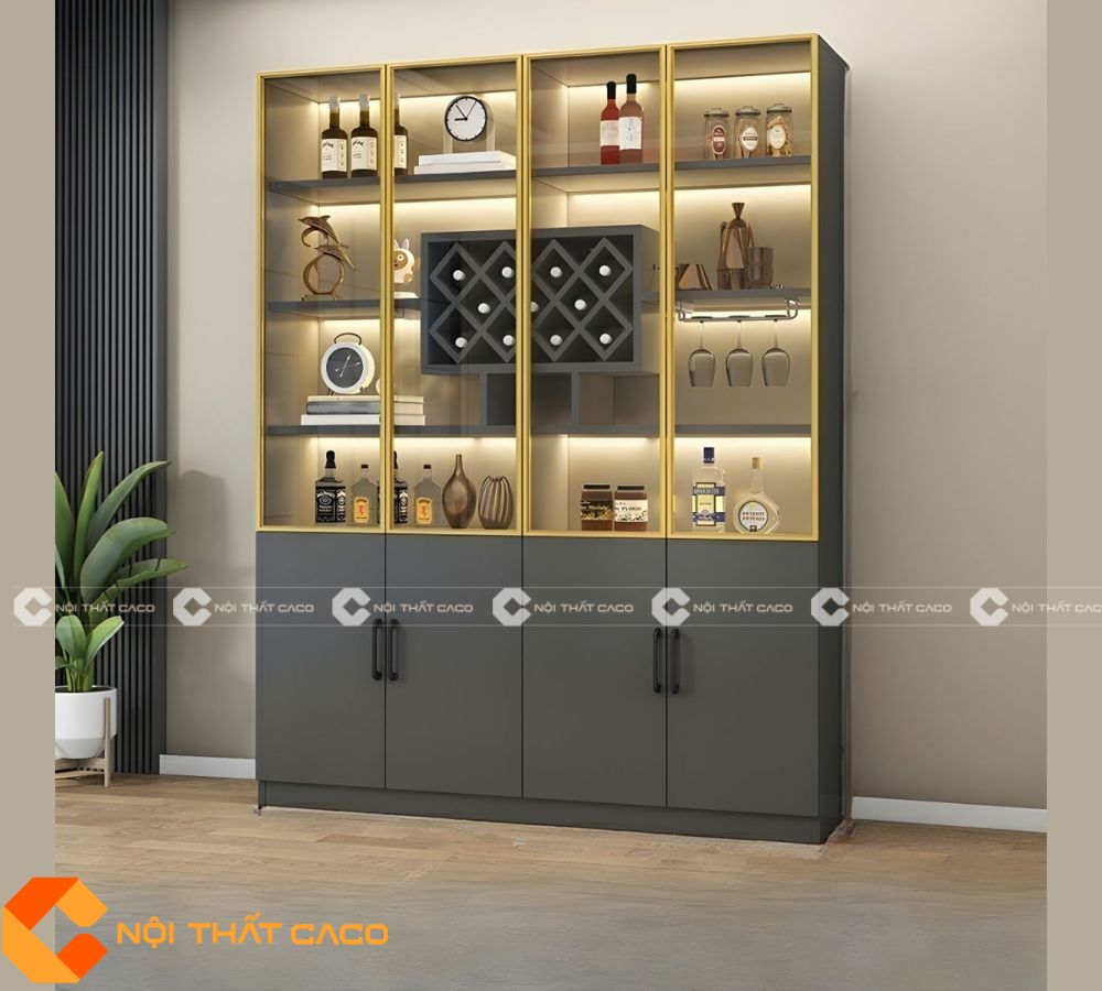 Tủ Rượu Gỗ MDF Kết Hợp Đèn Led Viền Cửa Kim Loại - TR067 