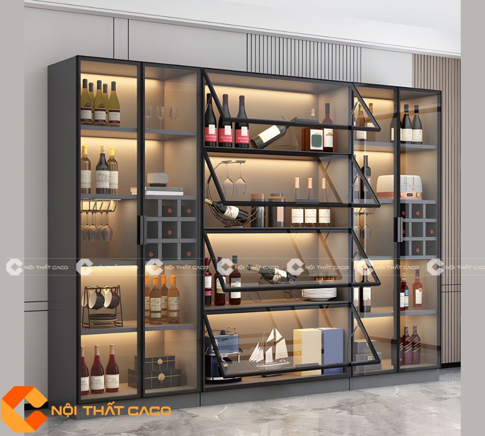 Tủ Rượu Gỗ MDF Kích Thước Lớn Cùng Đèn Led Hiện Đại - TR070 