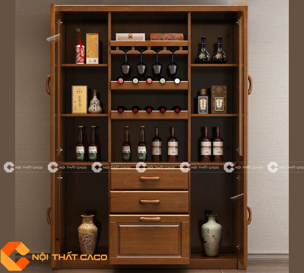 Tủ Rượu Gỗ Sồi Phủ Sơn Sang Trọng Thiết Kế Tinh Tế - 